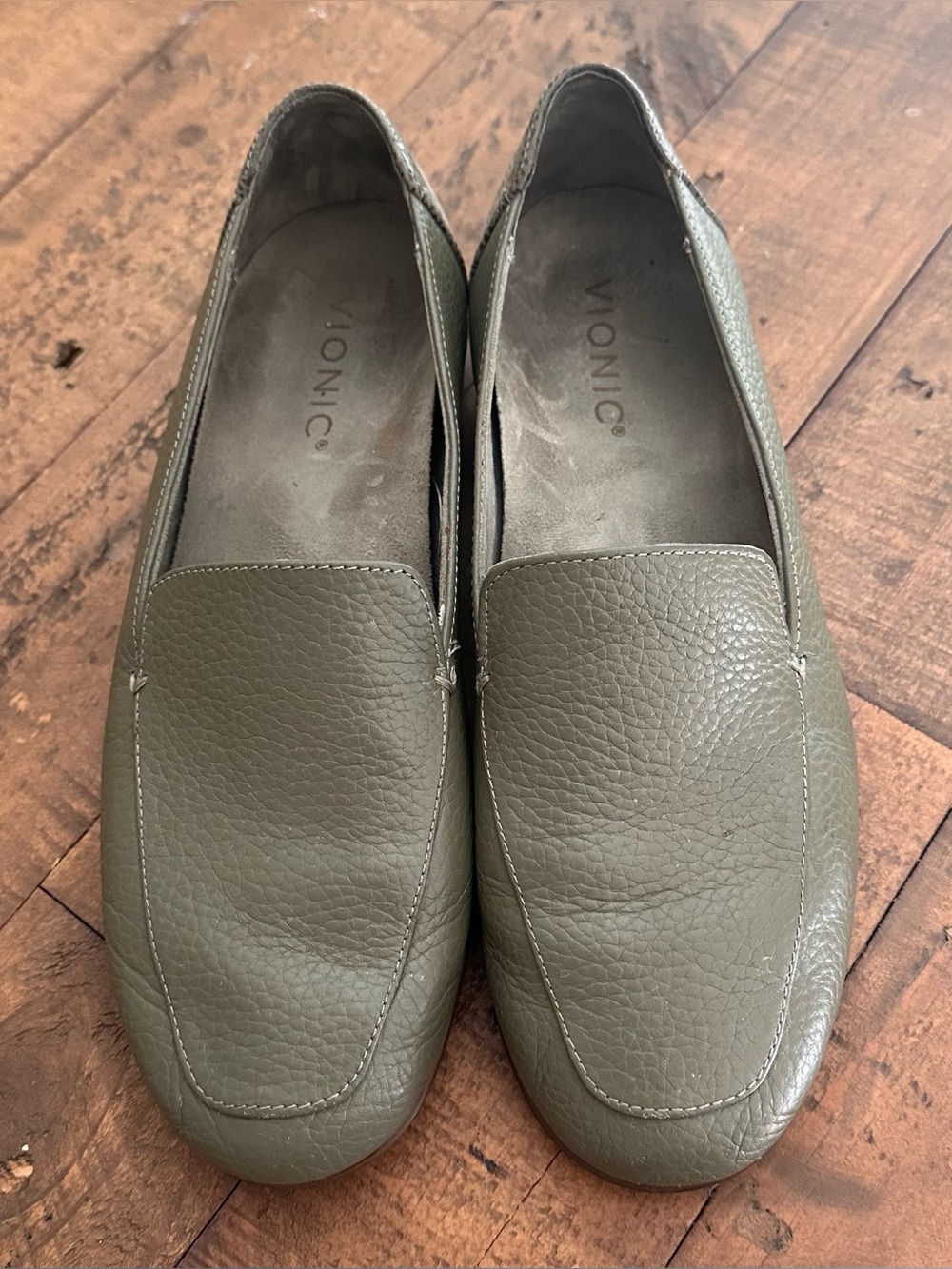 Vionic Elora Leather Driving Loafers Olive Green Comfort Flats Orthotic Size 7‎